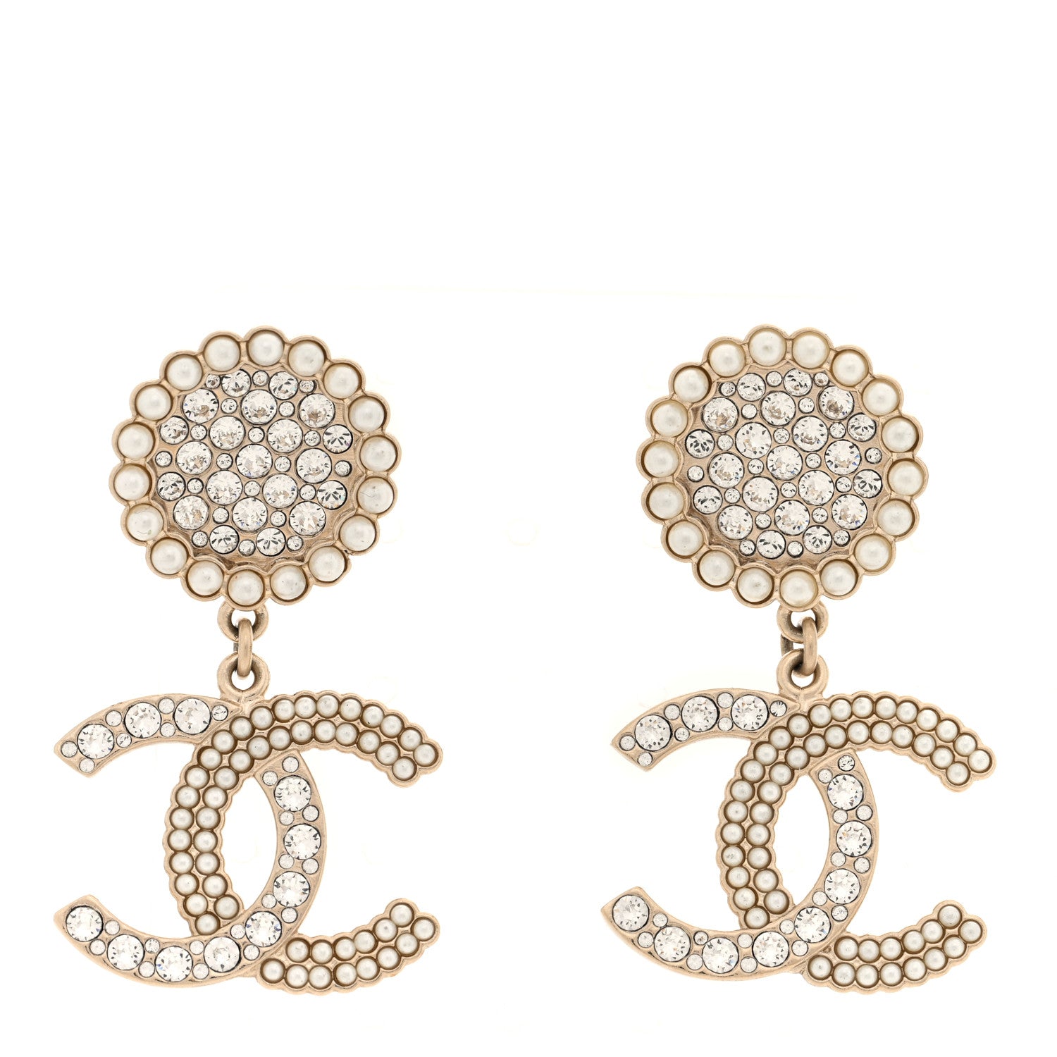 Chanel Crystal Pearl CC Drop Round Earrings Gold 1 of 4