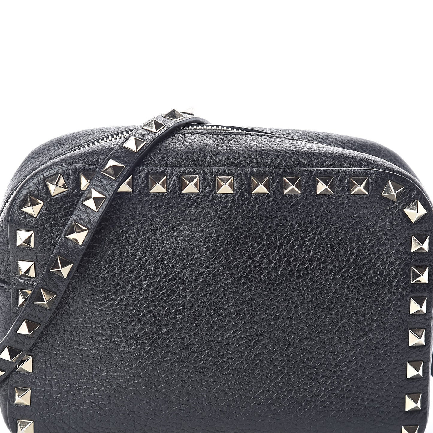 Pebbled Calfskin Rockstud Camera Crossbody Bag Black
