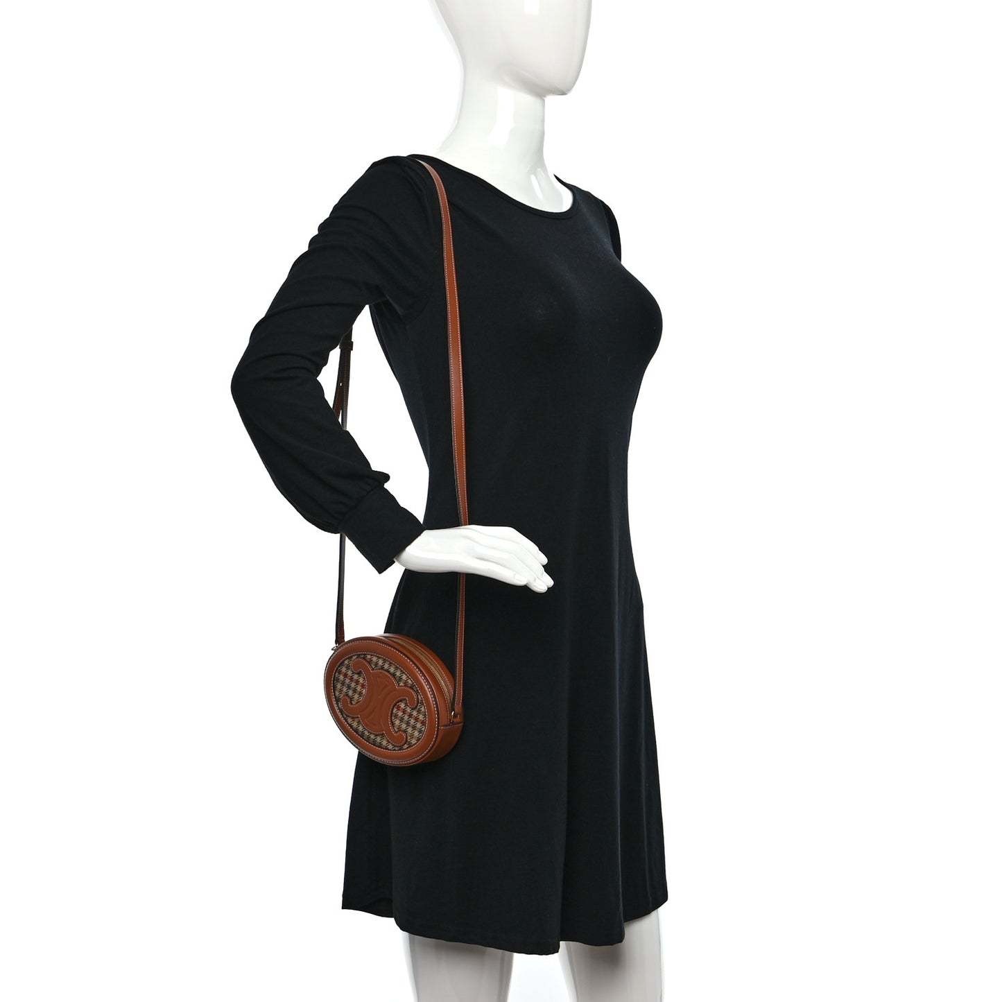 Smooth Calfskin Houndstooth Cuir Small Triomphe Oval Purse Crossbody Tan
