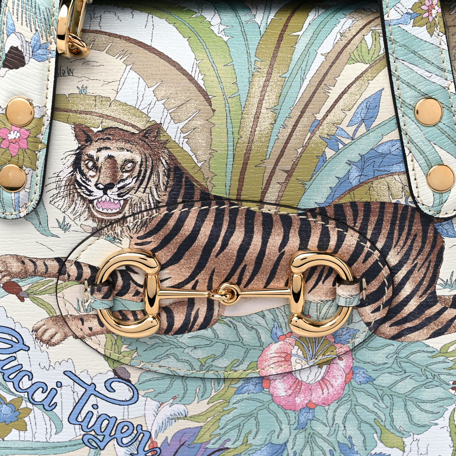 Gucci New Shangai Calfskin Tiger Savanah Mini Horsebit 1955 Foldover Top Handle Bag Chalky White Multicolor 10 of 10