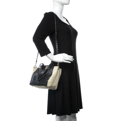 Valentino Garavani Vitello Monochrome Small Rockstud Tote Black Light Ivory 2 of 14