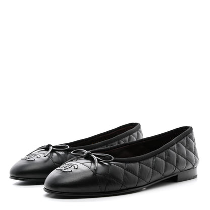 Chanel Aged Calfskin Quilted CC Cap Toe Ballerina Flats 37 Black 3 of 8