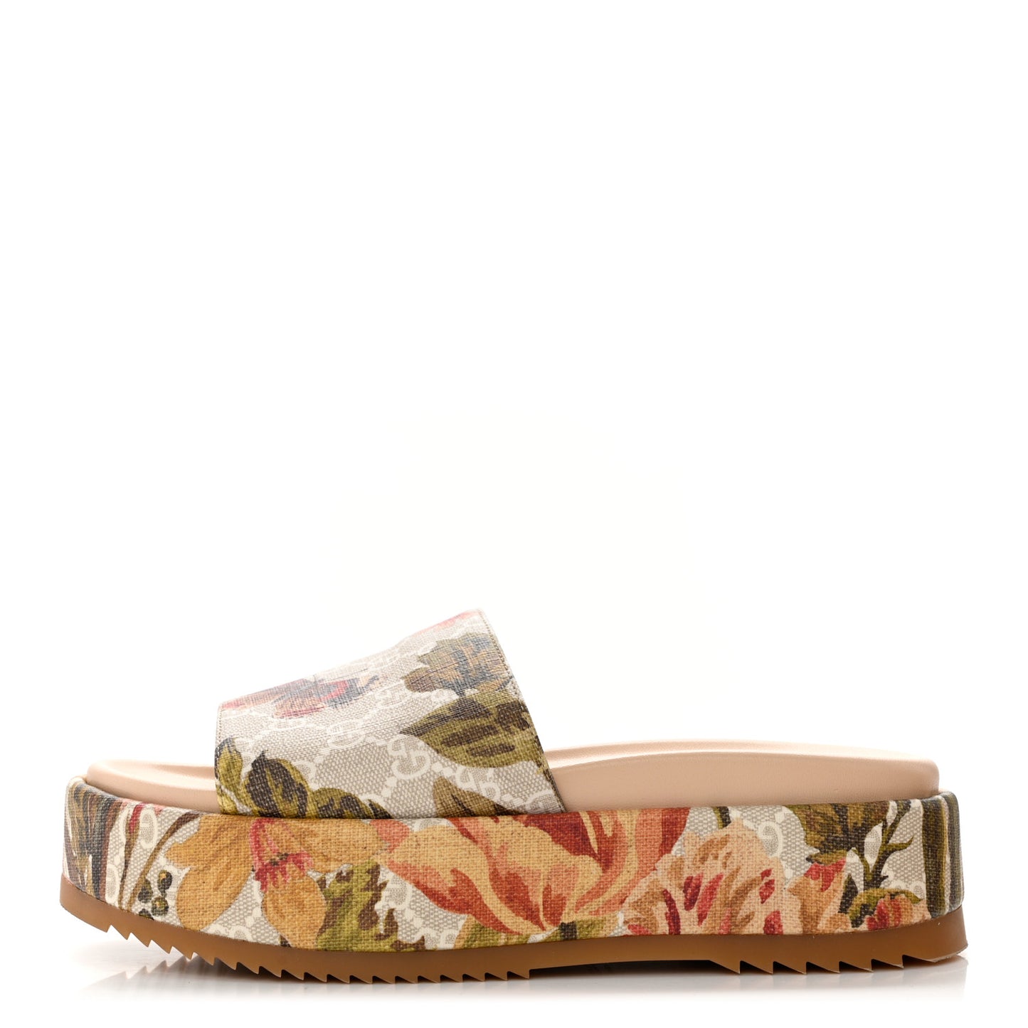 GG Supreme Monogram Water Flora Angelina Platform Slide Sandals 38.5 Beige White Multicolor
