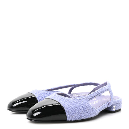 Chanel Iridescent Wool Tweed Patent Cap Toe CC Slingback Flats 36 Light Purple Silver Black 4 of 9