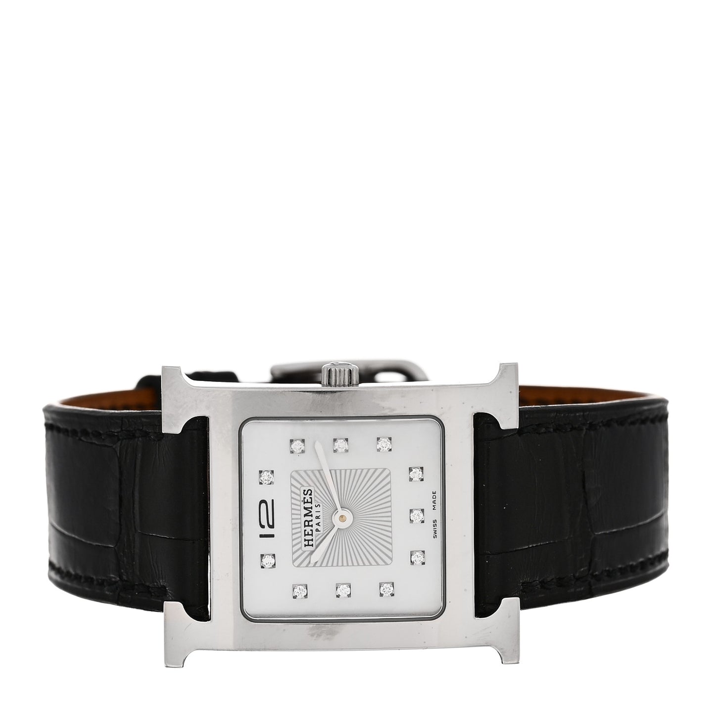 Stainless Steel Alligator Diamond Mother of Pearl 26mm Heure H Hour Quartz Watch Noir