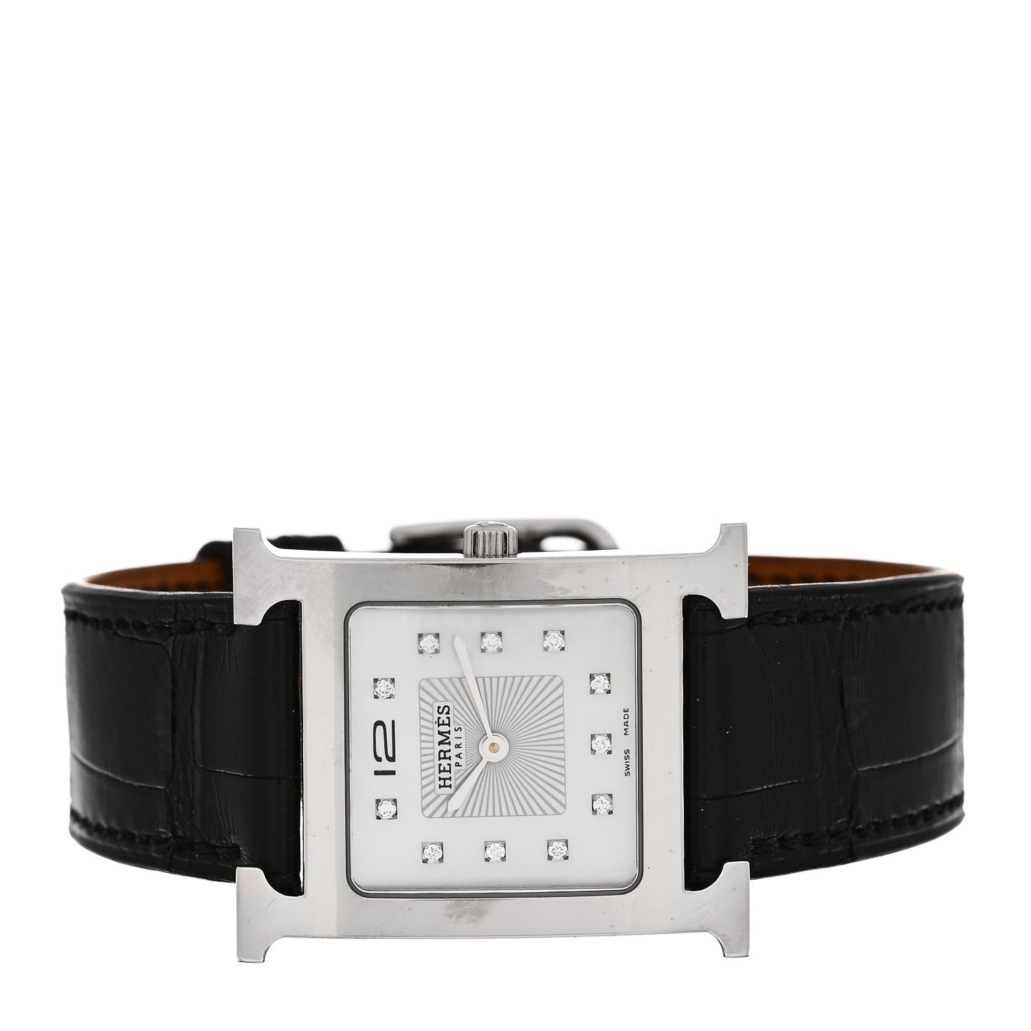 Hermes Stainless Steel Alligator Diamond Mother of Pearl 26mm Heure H Hour Quartz Watch Noir 2 of 5