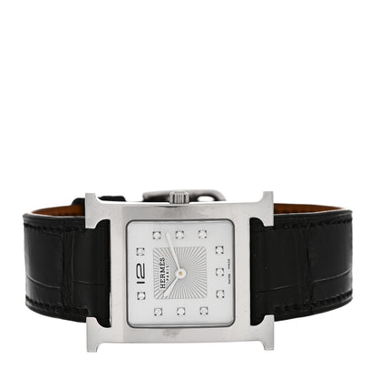 Hermes Stainless Steel Alligator Diamond Mother of Pearl 26mm Heure H Hour Quartz Watch Noir 2 of 5