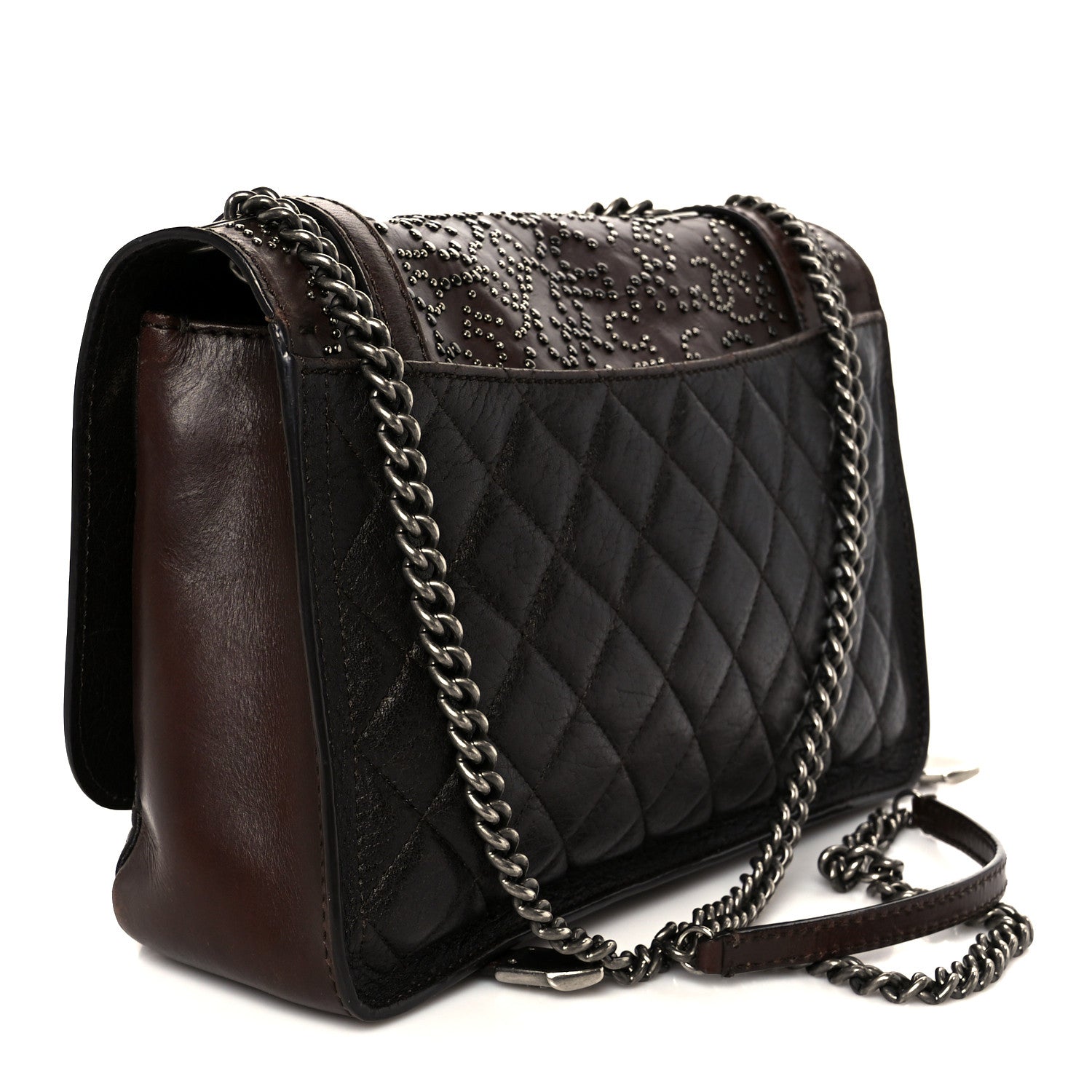 Chanel Calfskin Lambskin Studded Paris Dallas Texan Flap Brown Black 3 of 10