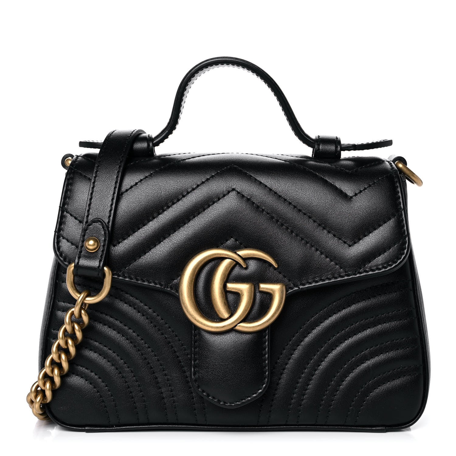 Gucci Calfskin Matelasse Mini GG Marmont Top Handle Shoulder Bag Black 1 of 11