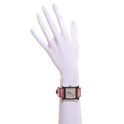 Hermes Stainless Steel Alligator Diamond 30.5mm H Heure Hour Quartz Watch Framboise 2 of 8