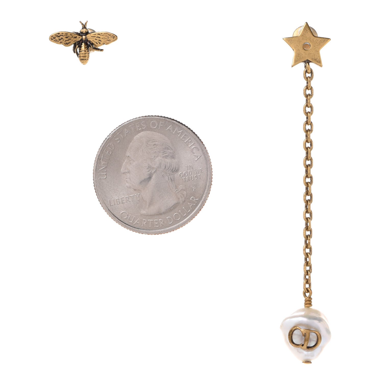 Christian Dior Metal Pearl Bee Star CD Drop Chain Earrings Aged Gold 2 of 6