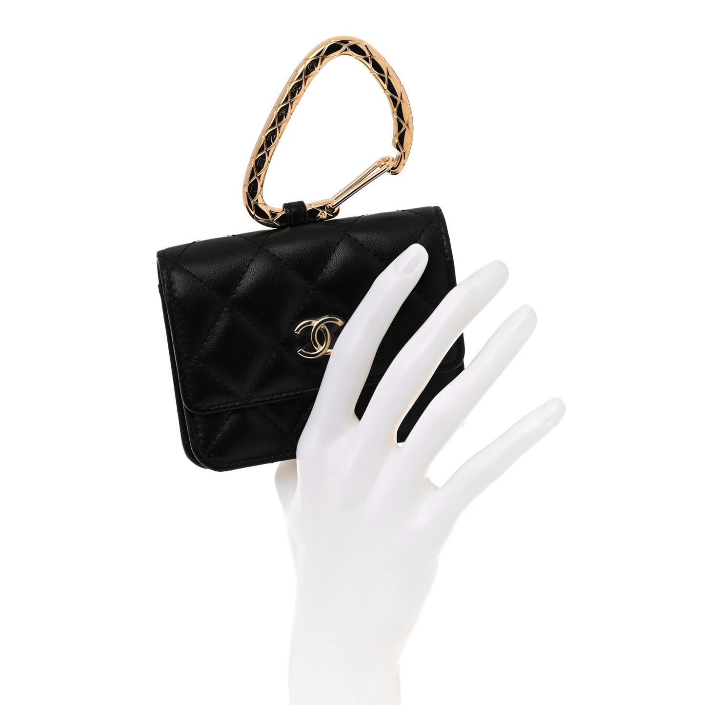 Lambskin Quilted CC Hook Card Holder Black