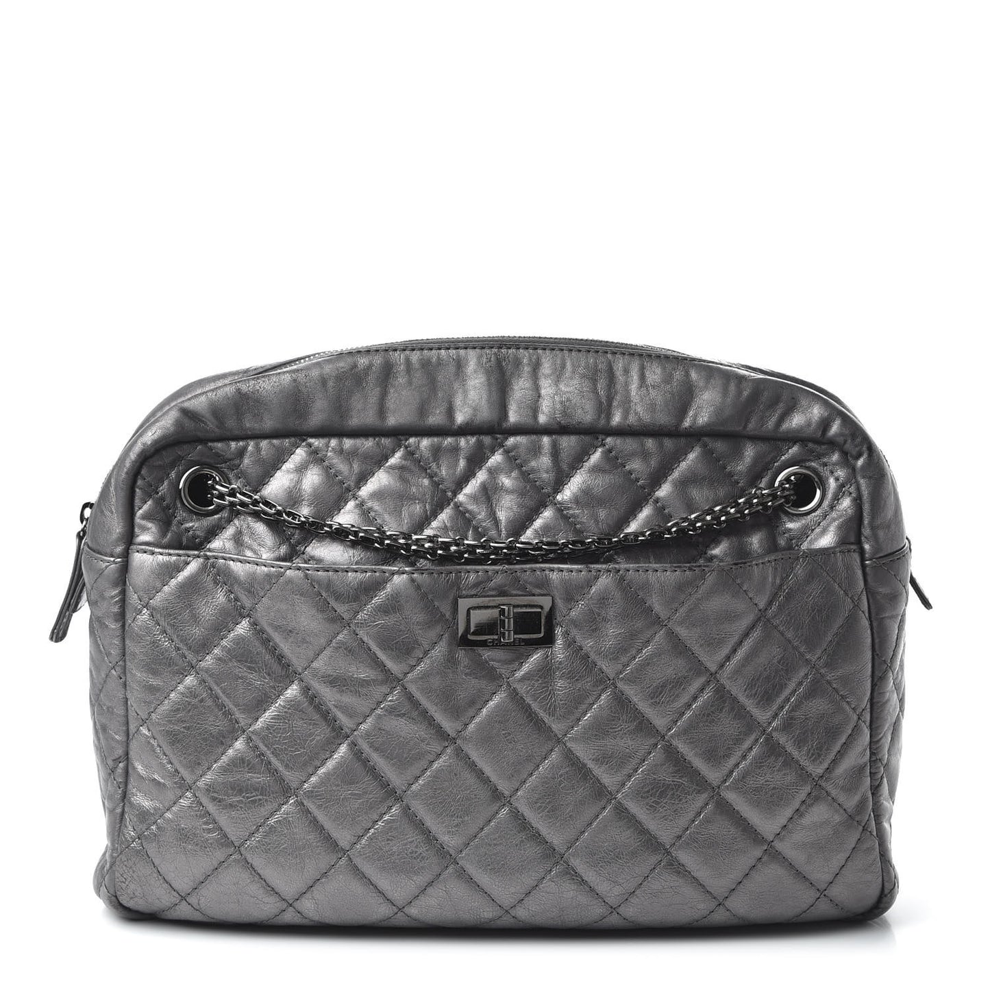 Metallic Aged Calfskin Quilted Large Reissue Camera Case Silver