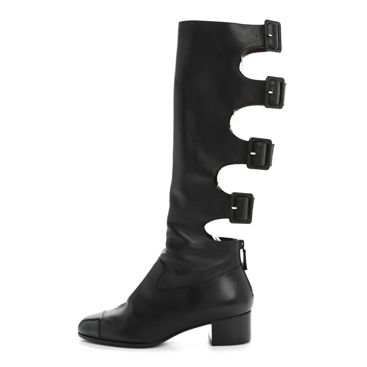 Chanel Lambskin Patent Cut Out Buckle Cap Toe Knee High Boots 35.5 Black 1 of 9