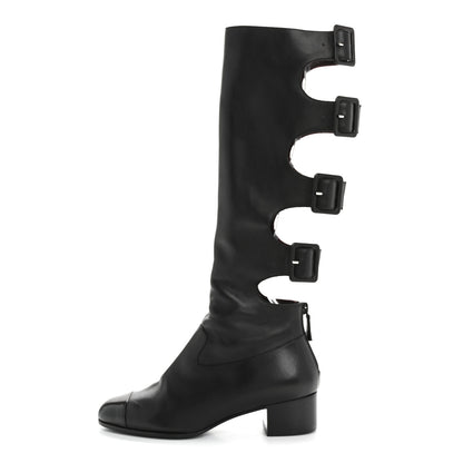 Chanel Lambskin Patent Cut Out Buckle Cap Toe Knee High Boots 35.5 Black 1 of 9