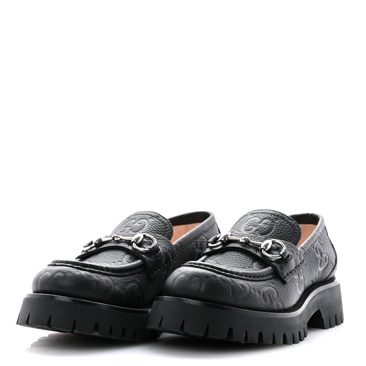 Piuma Calfskin Embossed Womens Platform Lug Sole Loafers 37.5 Black