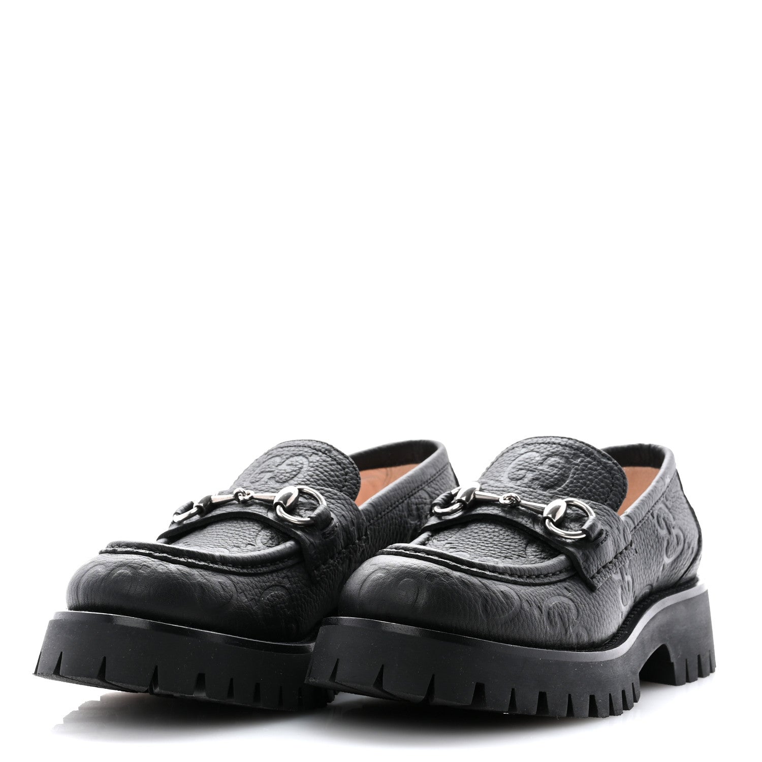Gucci Piuma Calfskin Embossed Womens Platform Lug Sole Loafers 37.5 Black 3 of 12