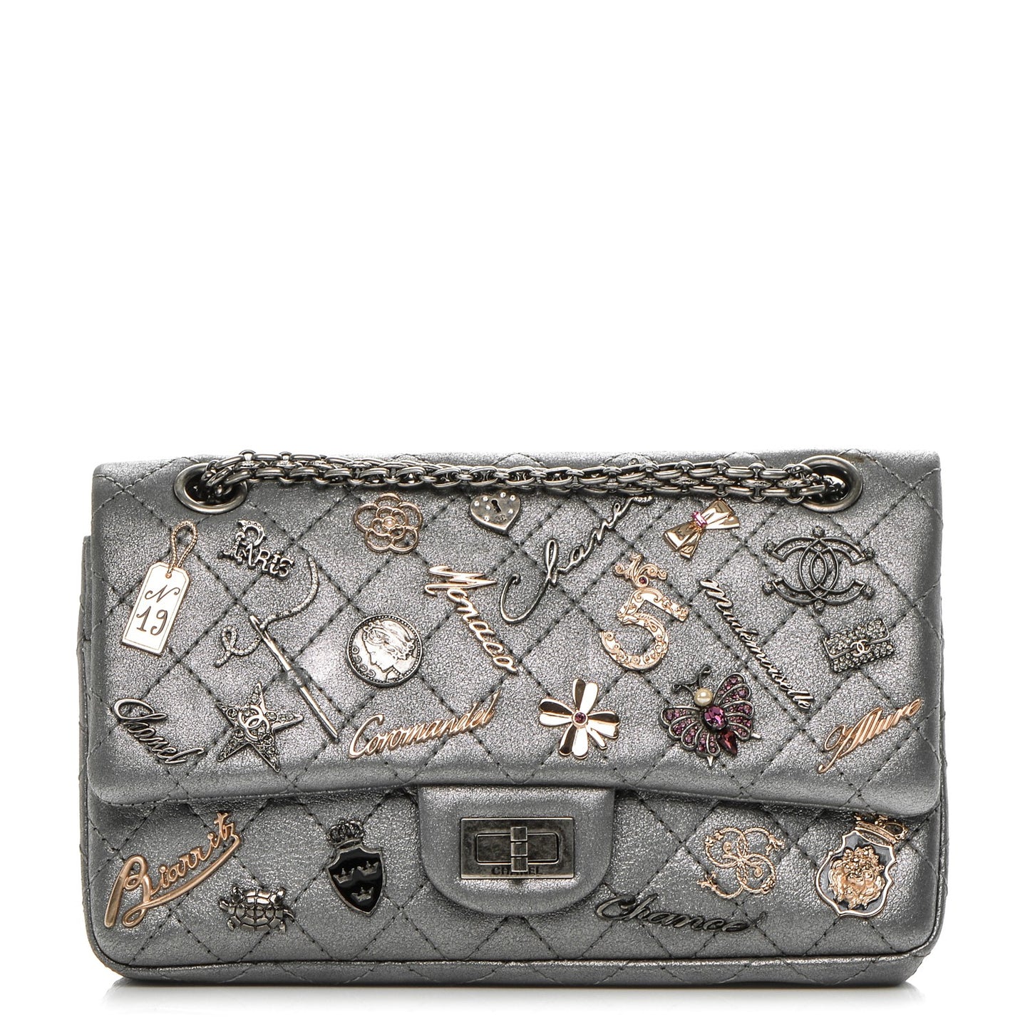 Metallic Calfskin Quilted Lucky Charms 2.55 Reissue 225 Flap Dark Silver