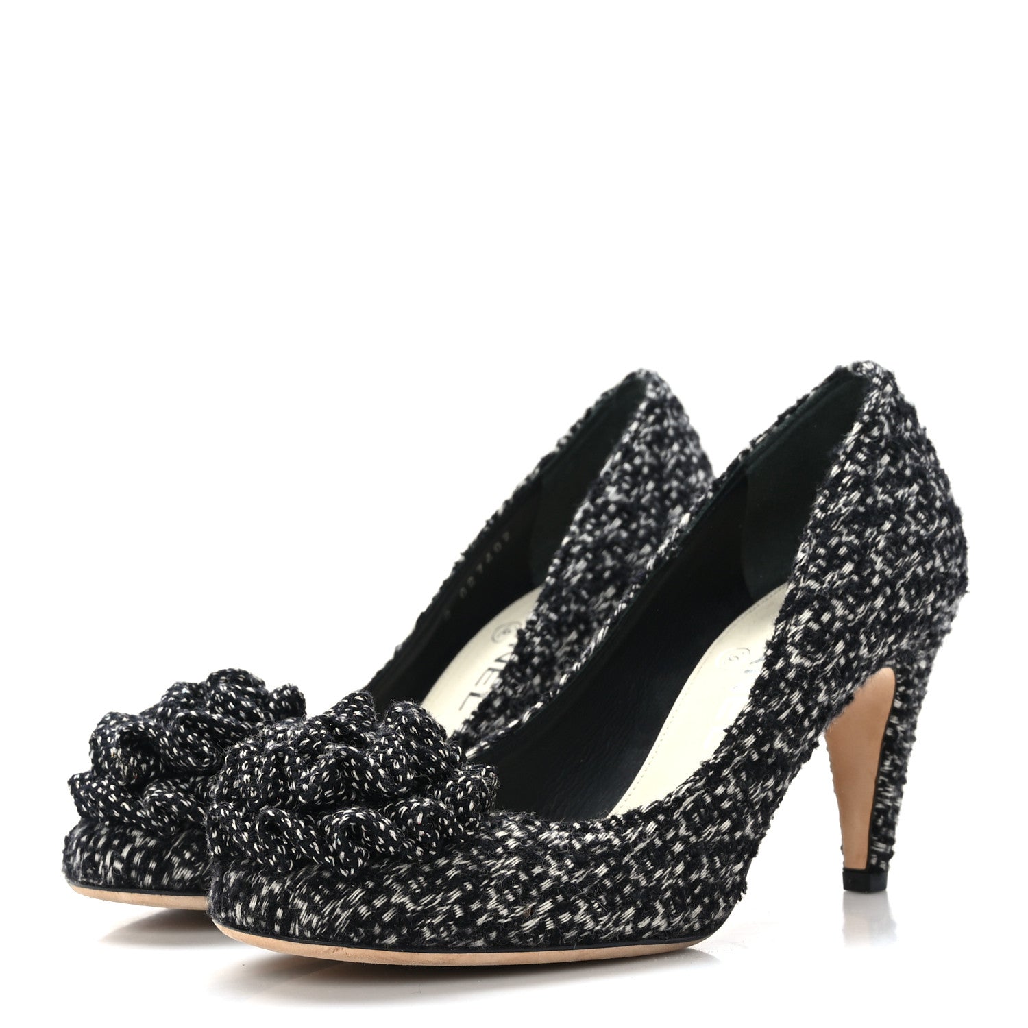 Chanel Tweed Camellia CC Pumps 37.5 Black 3 of 8