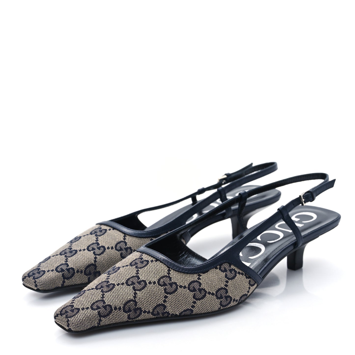 GG Monogram Malaga Kid Square G 35mm Slingback Pumps 38 Beige Blue