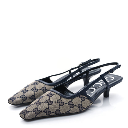 Gucci GG Monogram Malaga Kid Square G 35mm Slingback Pumps 38 Beige Blue 3 of 8