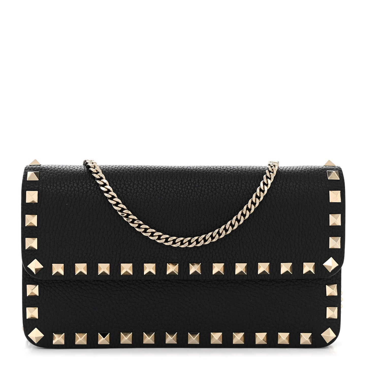 Pebbled Calfskin Rockstud Flap Wallet On Chain Black