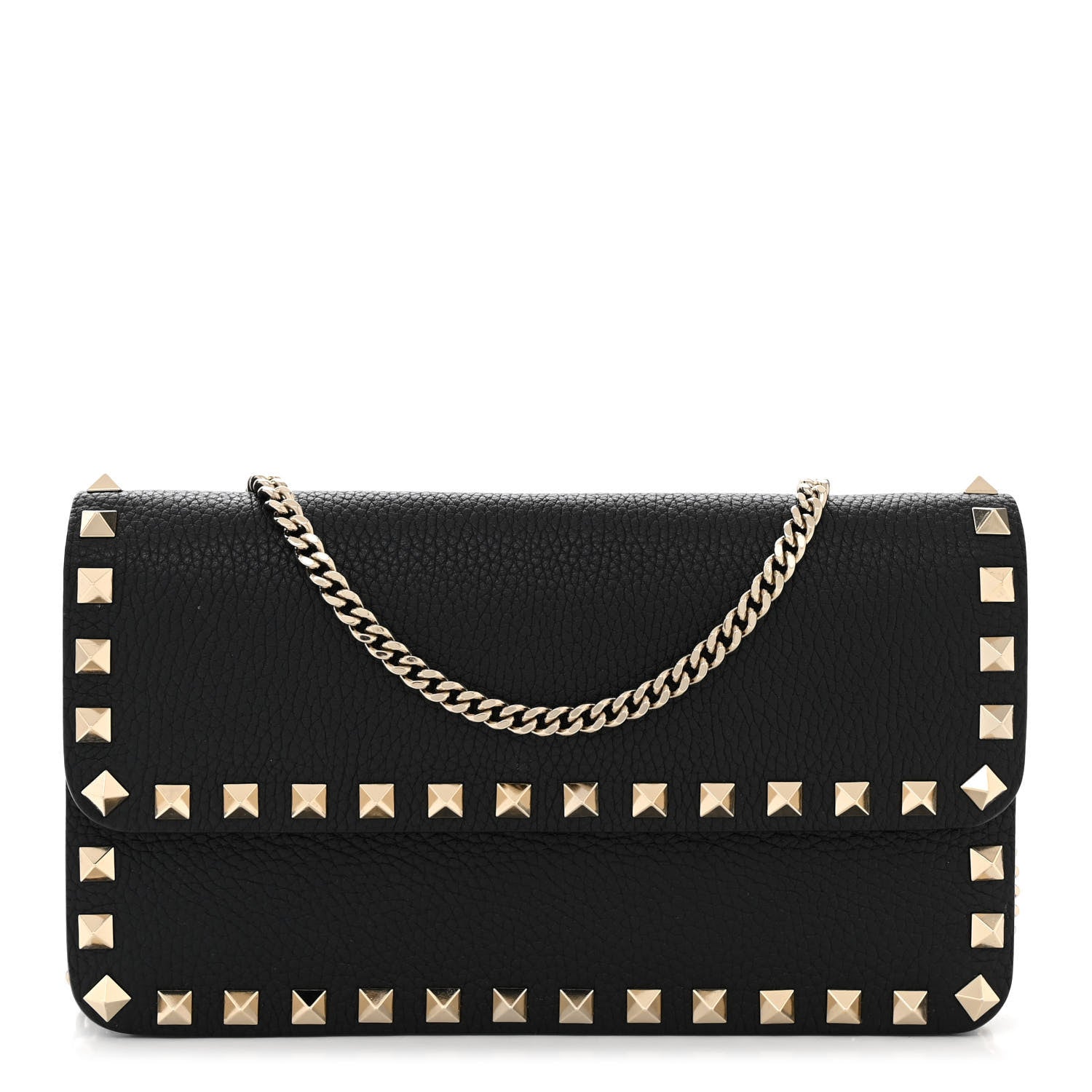 Valentino Garavani Pebbled Calfskin Rockstud Flap Wallet On Chain Black 1 of 9