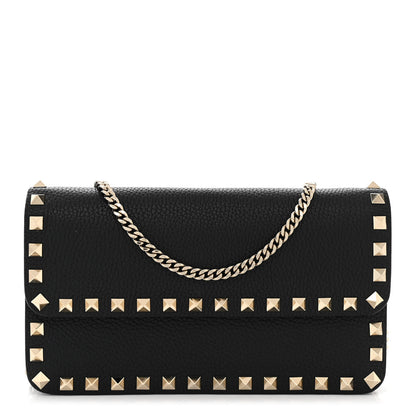 Valentino Garavani Pebbled Calfskin Rockstud Flap Wallet On Chain Black 1 of 9