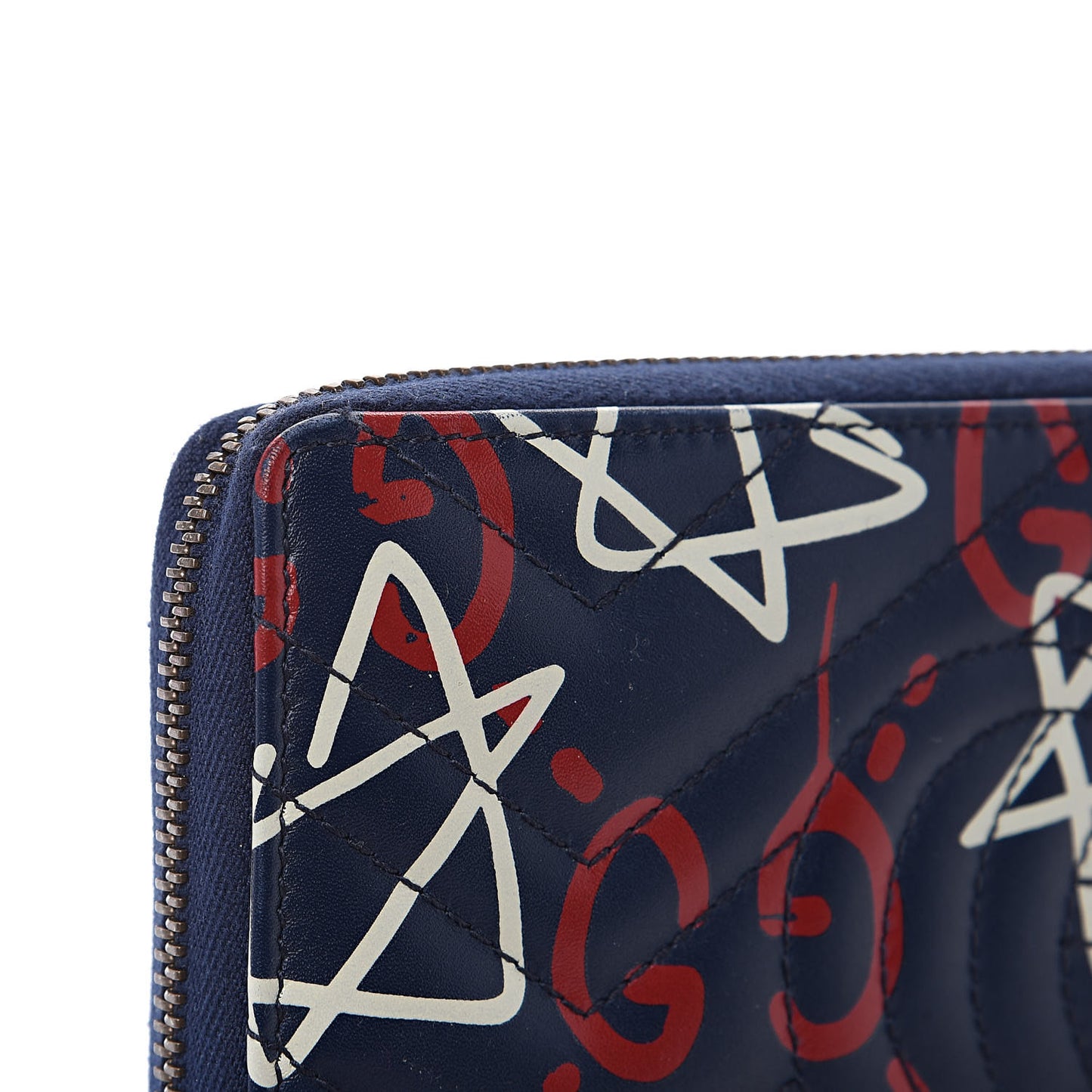 Calfskin Matelasse GucciGhost GG Marmont Zip Around Wallet Blue Agata Hibiscus Red