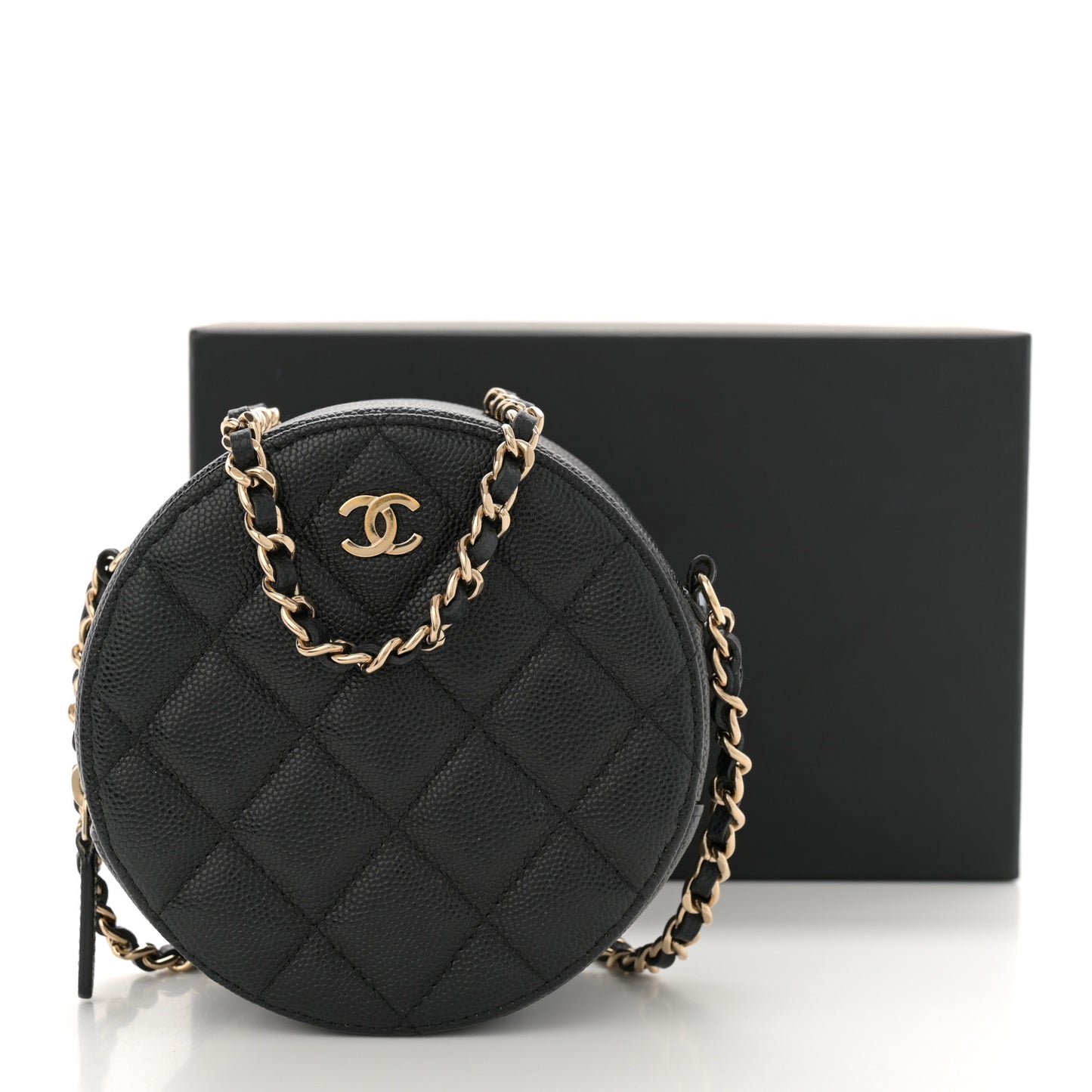 Caviar Quilted Small Round Bag With Chain Black