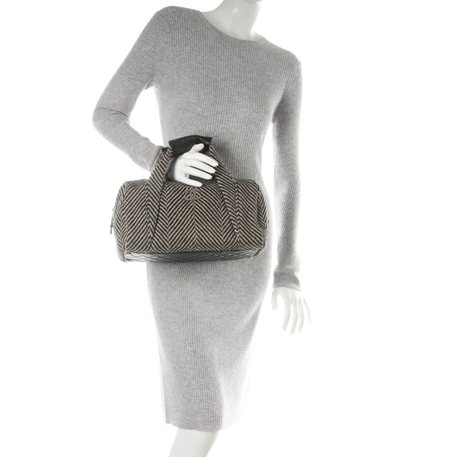 Chanel Wool Calfskin CC Chevron All Day Long Boston Black White 2 of 9