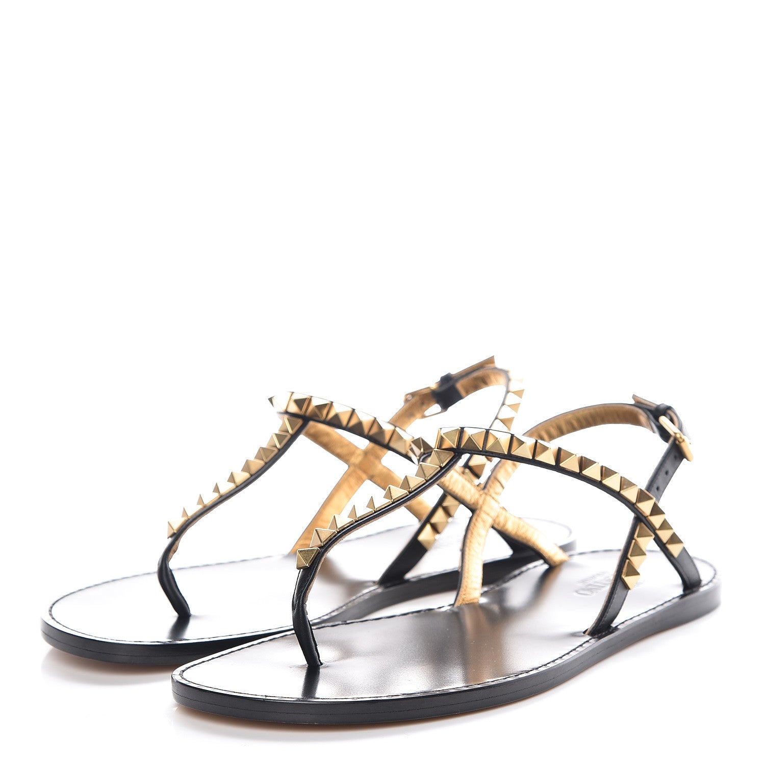Valentino Garavani Calfskin Rockstud No Limit Slingback Flat Thong Sandals 36.5 Black Gold 3 of 7