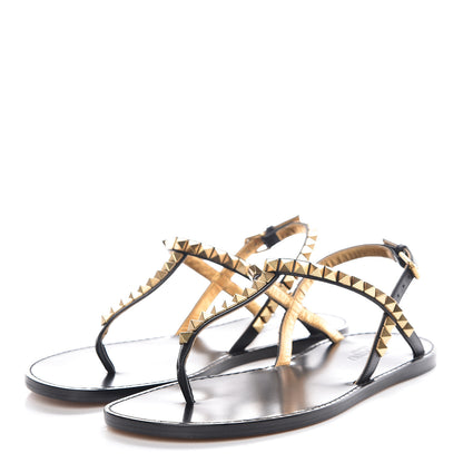 Valentino Garavani Calfskin Rockstud No Limit Slingback Flat Thong Sandals 36.5 Black Gold 3 of 7