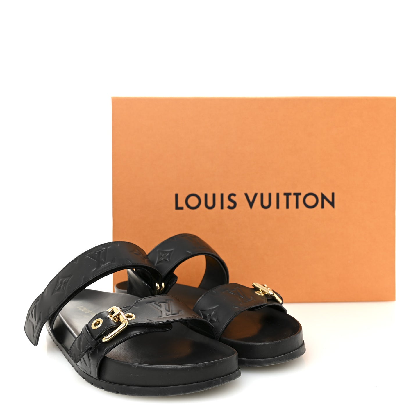 Lambskin Embossed Monogram Bom Dia Flat Mule Sandals 40 Black