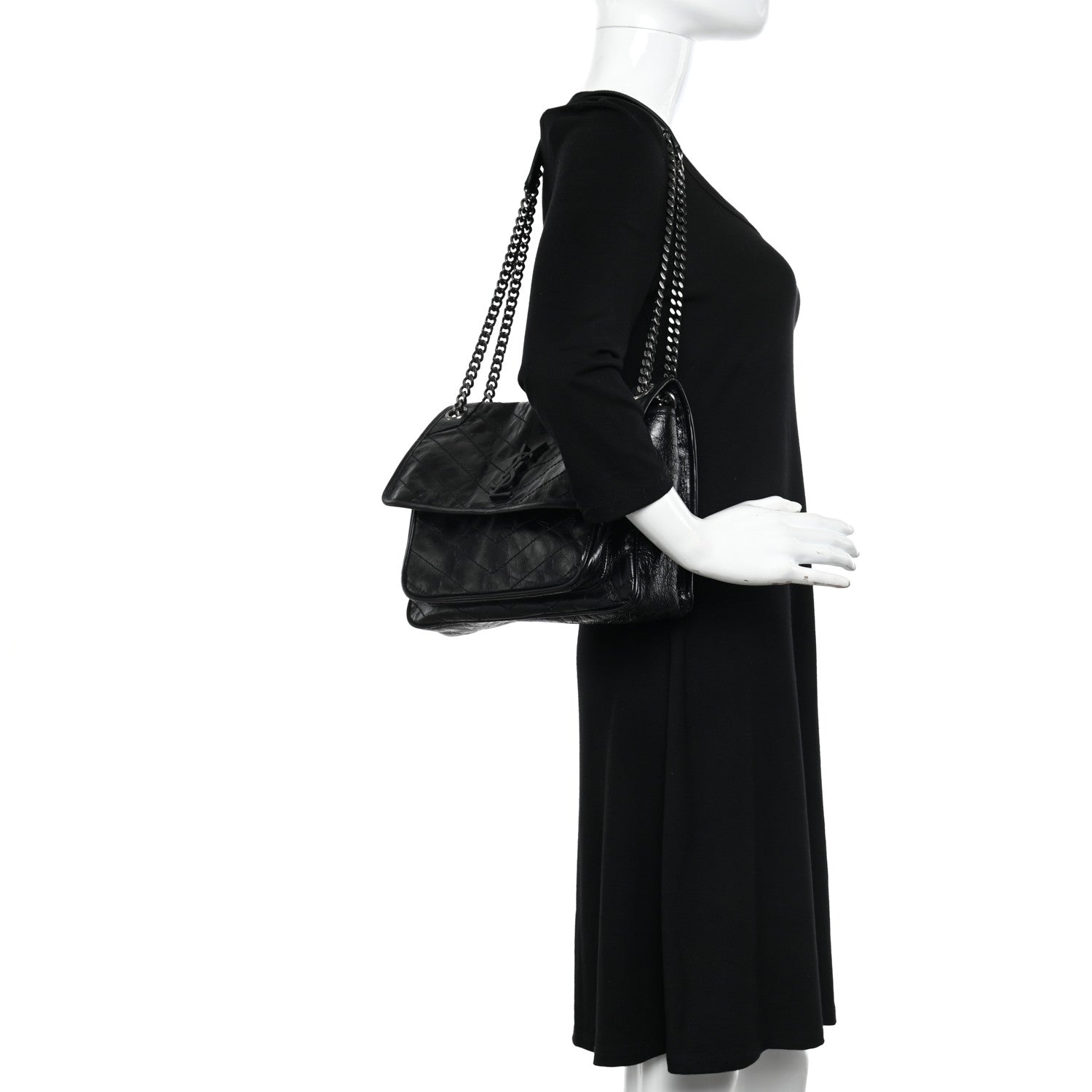 Saint Laurent Crinkled Calfskin Matelasse Monogram Medium Niki Chain Satchel Black 2 of 10