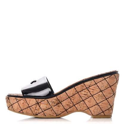 Chanel Patent Cork Quilted CC Wedge Mule Sandals 38 Black 1 of 21