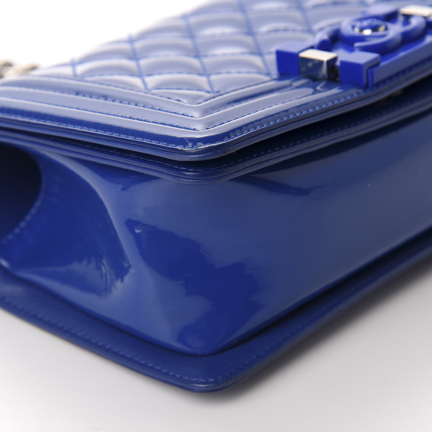 Patent Calfskin Quilted Small Plexiglass Boy Flap Blue