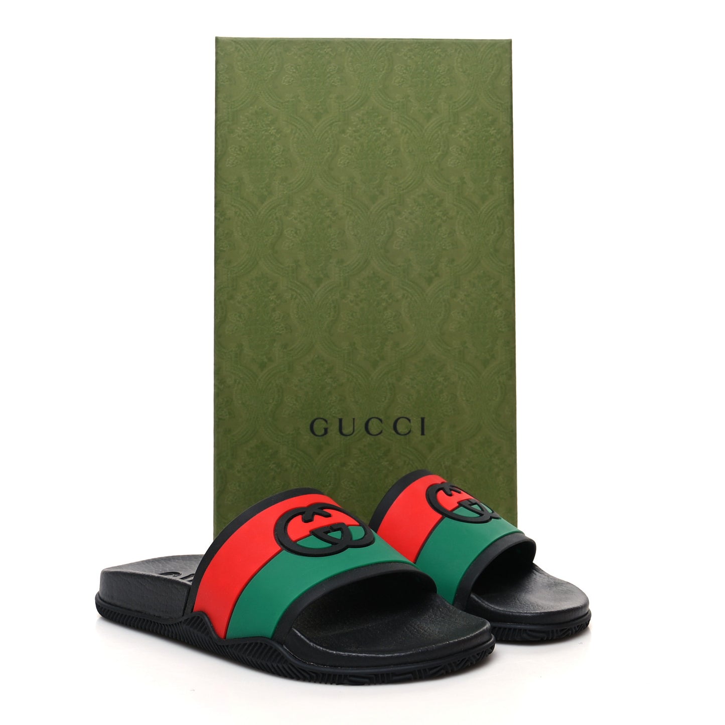 Rubber Web Womens Interlocking G Slide Sandals 38 Black Green Red