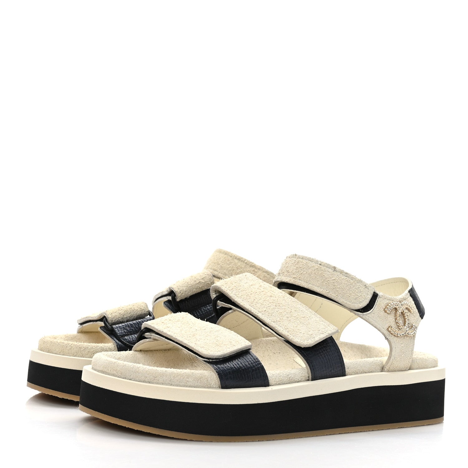 Chanel Suede Calfskin Velcro Flat Sandals 37 Ivory 3 of 8