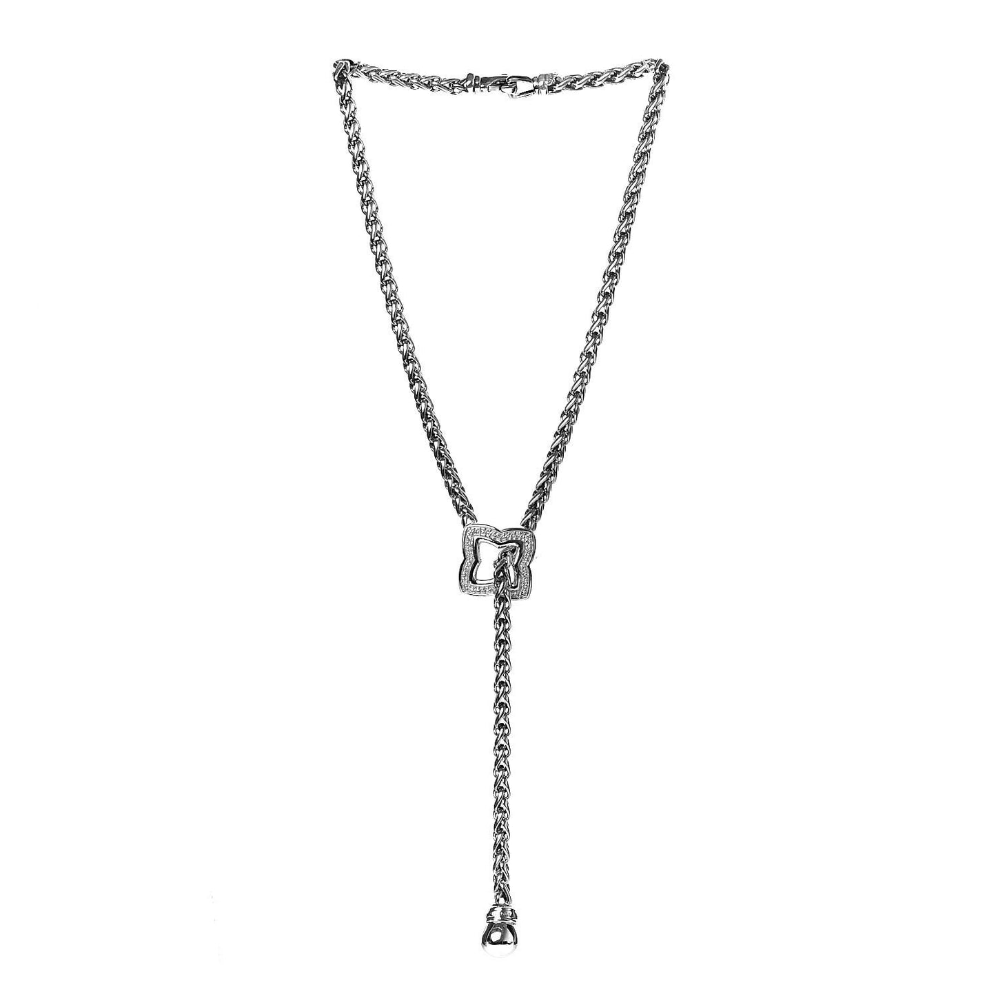Sterling Silver Diamond Quatrefoil Lariat Wheat Chain Necklace