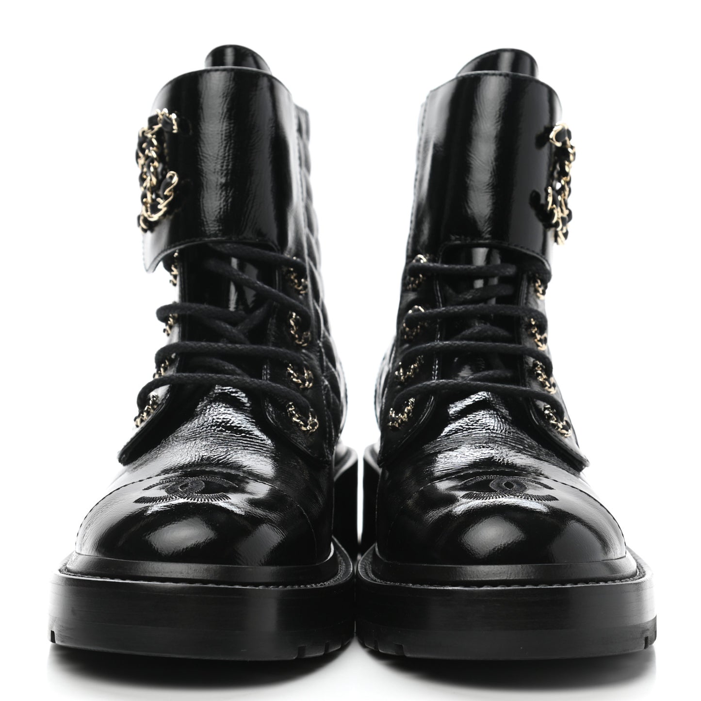 Shiny Calfskin Quilted Lace Up Combat Boots 36.5 Black