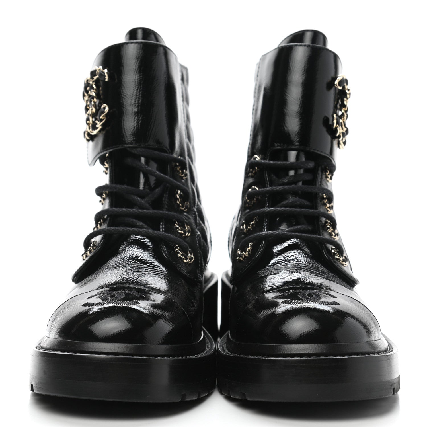 Chanel Shiny Calfskin Quilted Lace Up Combat Boots 36.5 Black 2 of 9