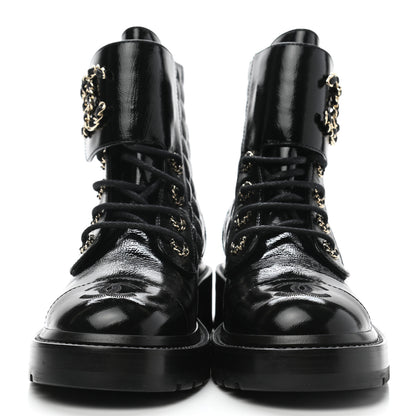 Chanel Shiny Calfskin Quilted Lace Up Combat Boots 36.5 Black 2 of 9
