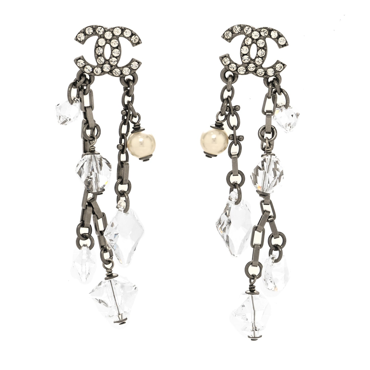 Glass Pearl Strass Crystal CC Chain Drop Earrings Silver