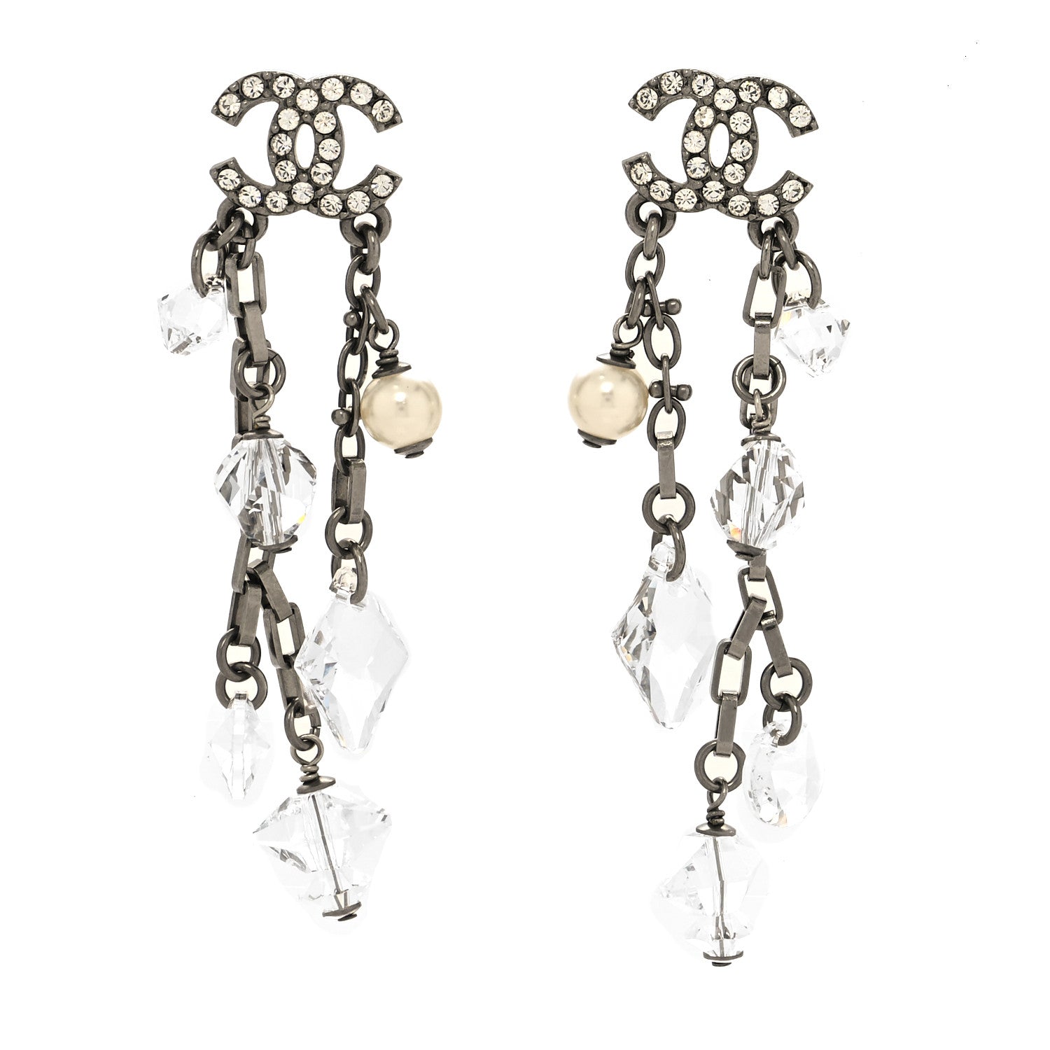 Chanel Glass Pearl Strass Crystal CC Chain Drop Earrings Silver 1 of 4