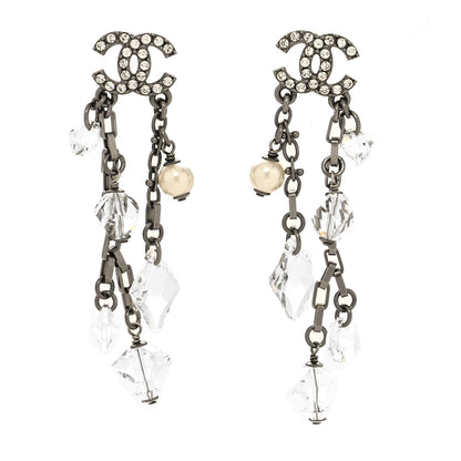 Chanel Glass Pearl Strass Crystal CC Chain Drop Earrings Silver 1 of 4