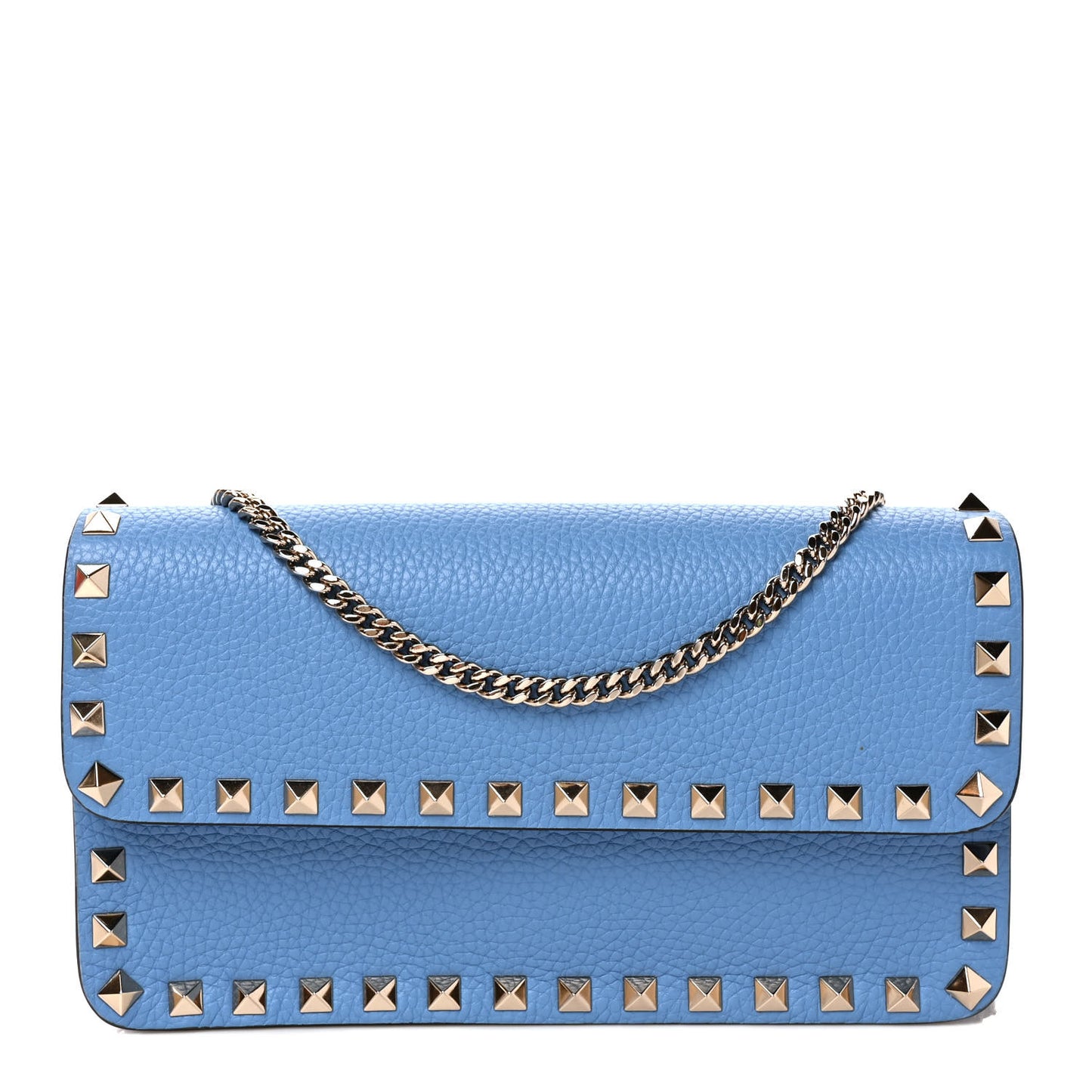 Pebbled Calfskin Rockstud Flap Wallet On Chain Denim