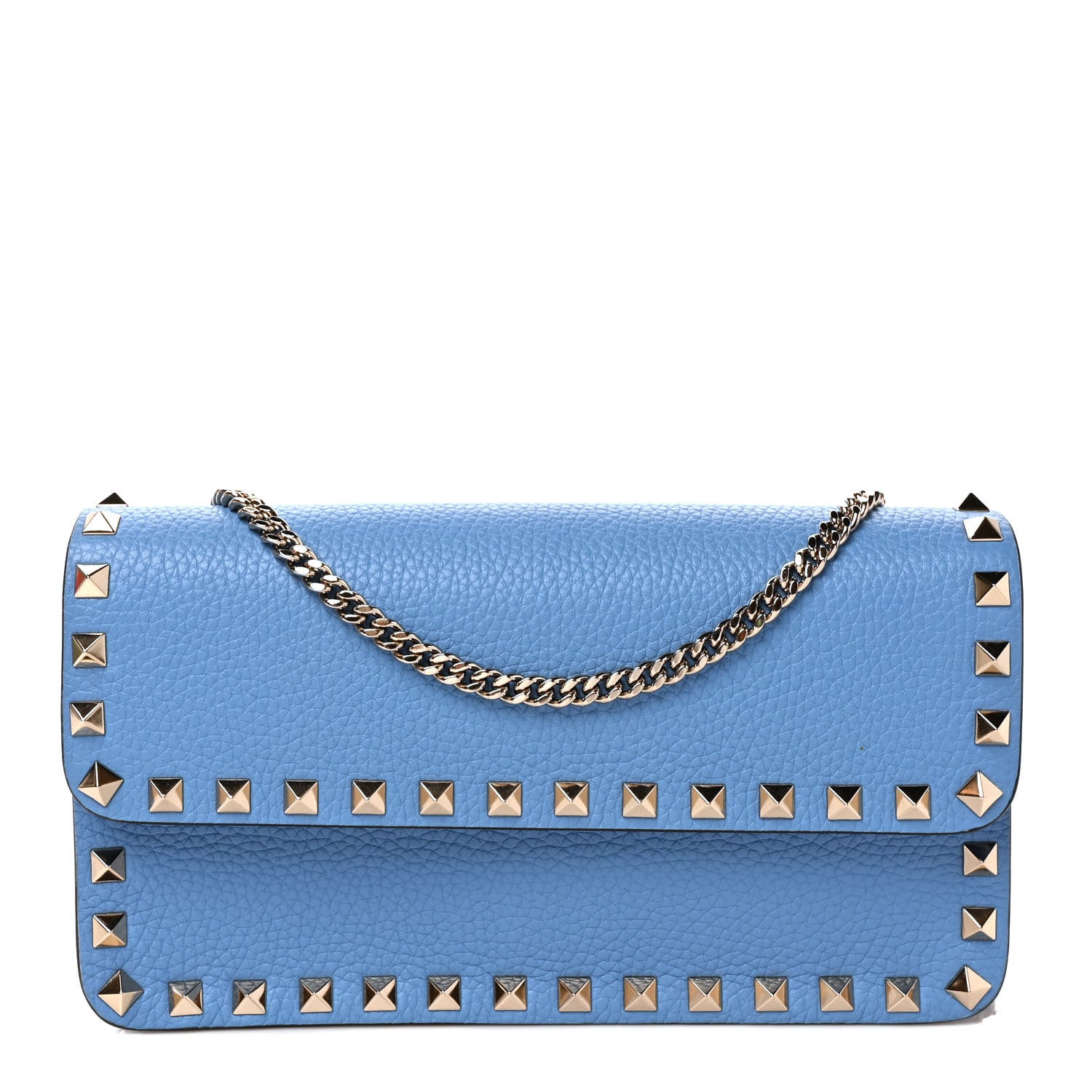 Valentino Garavani Pebbled Calfskin Rockstud Flap Wallet On Chain Denim 1 of 12