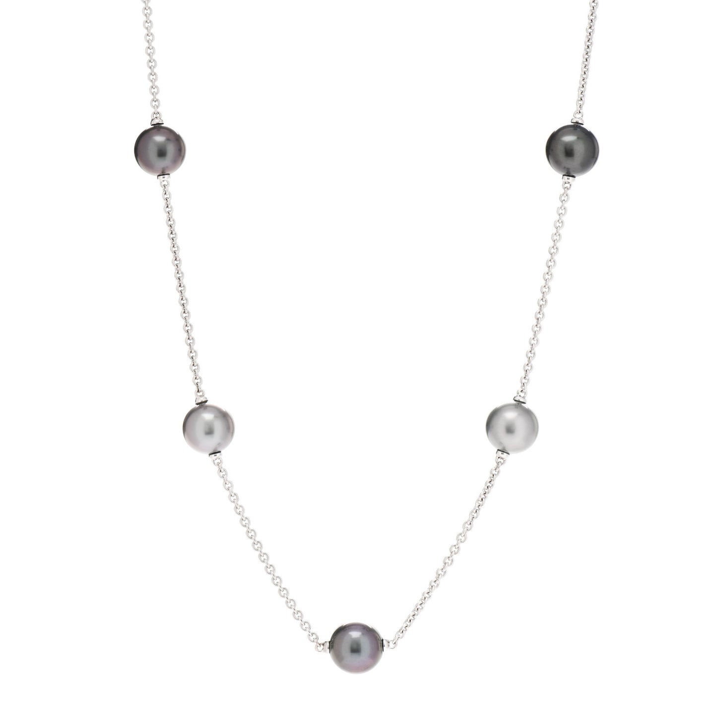 18K White Gold Black South Sea Pearl 9mm Station Necklace