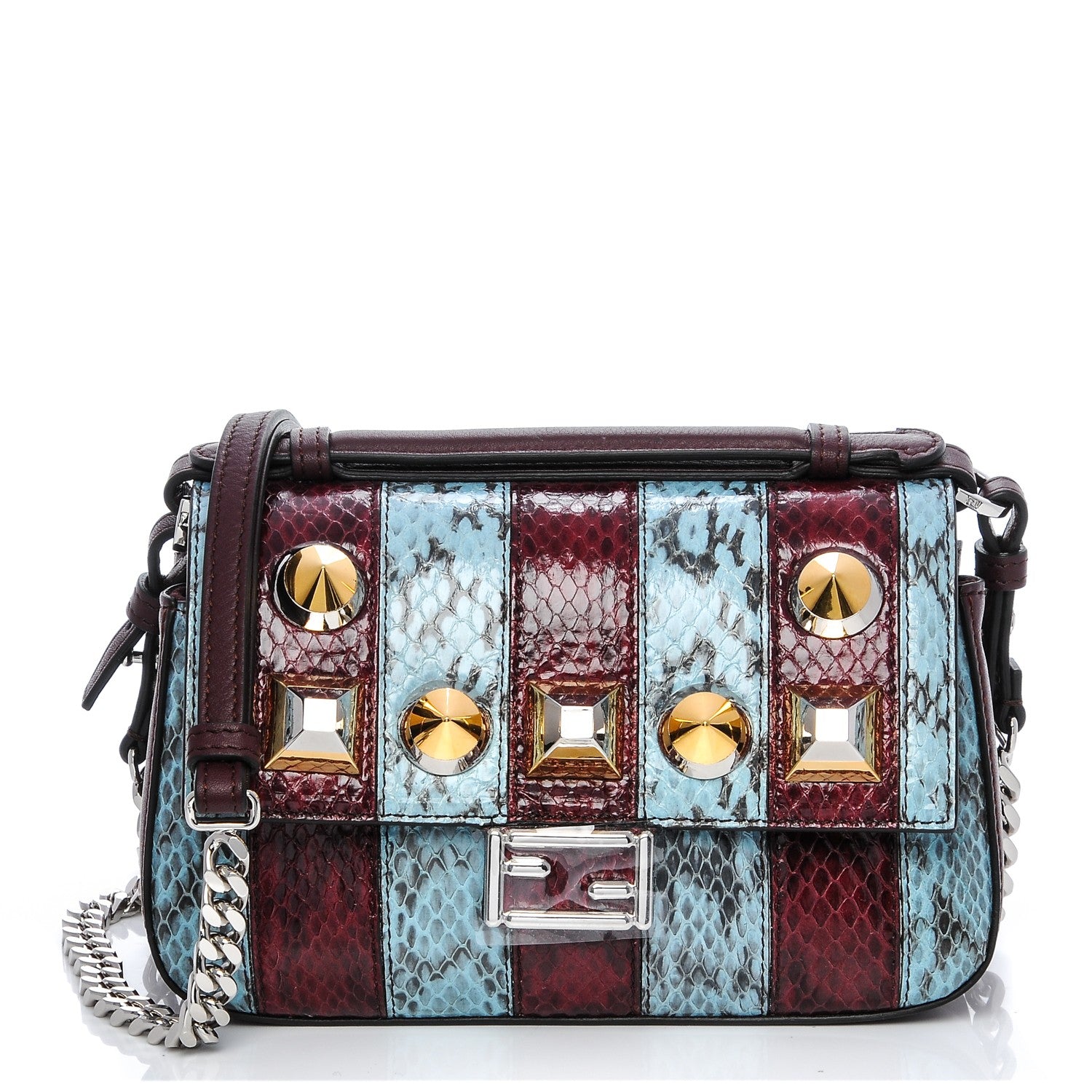 Fendi Elaphe Vitello Dolce Pequin Inlay Studded Micro Double Baguette Bordeaux Sky 1 of 9